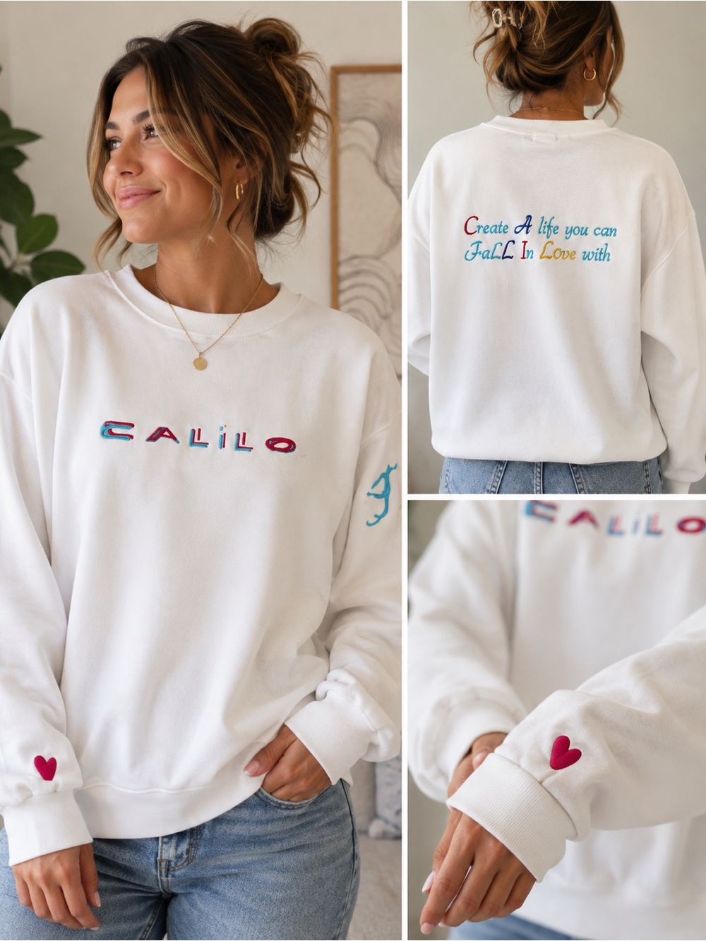 Calilo Collection Embroidered Crewneck Sweatshirt White Size Medium Motivational